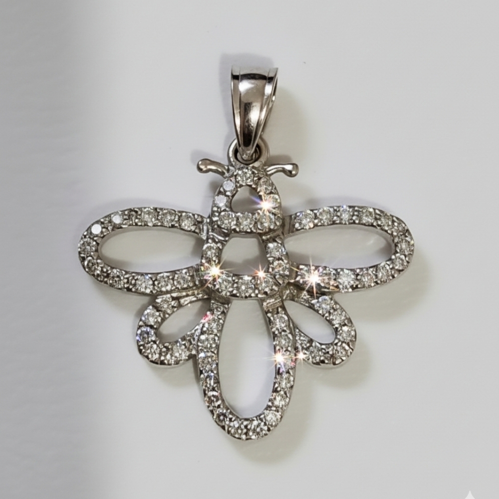 14K White Gold Natural Diamond Pave Bee Pendant Charm - Picture 1 of 11